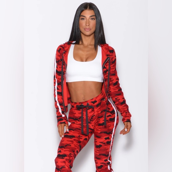 Pants - Red Camo Tracksuit with White Sports Bra